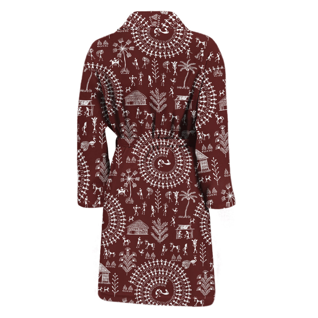 Red And White Warli Tribal Print Men's Bathrobe