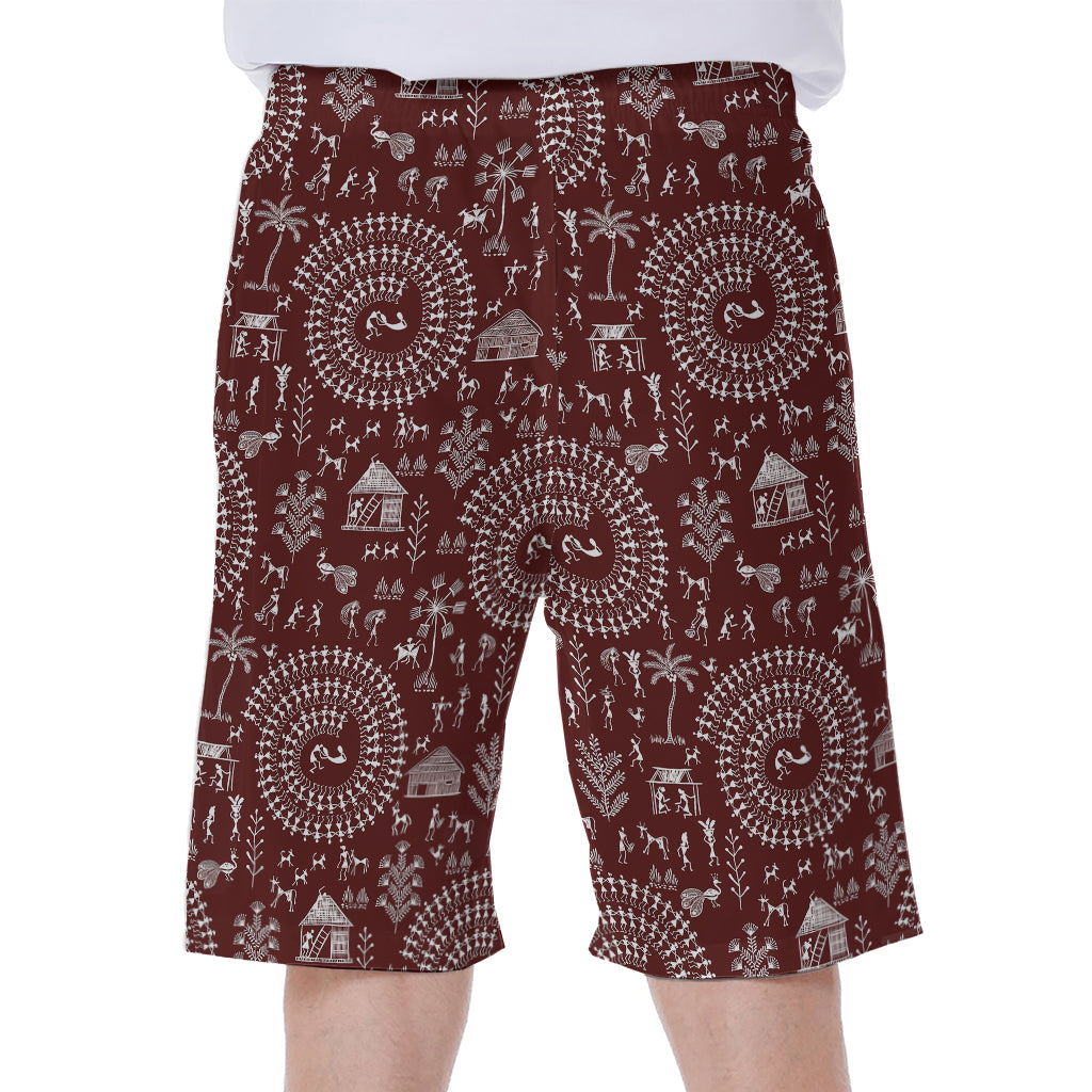 Red And White Warli Tribal Print Men's Beach Shorts
