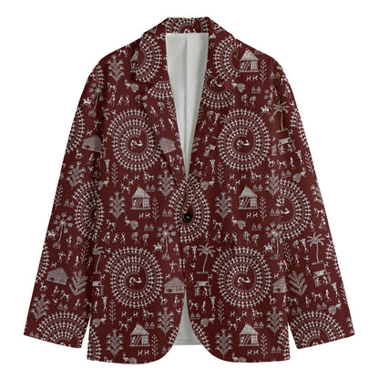 Red And White Warli Tribal Print Men's Blazer