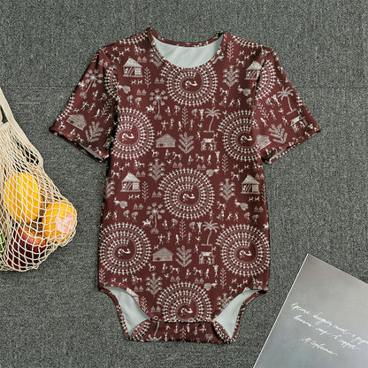 Red And White Warli Tribal Print Men's Bodysuit