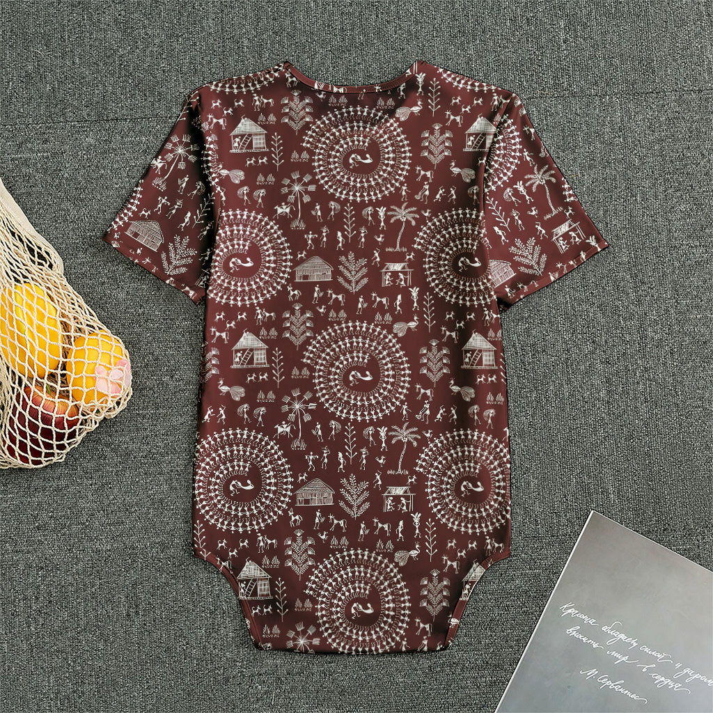 Red And White Warli Tribal Print Men's Bodysuit