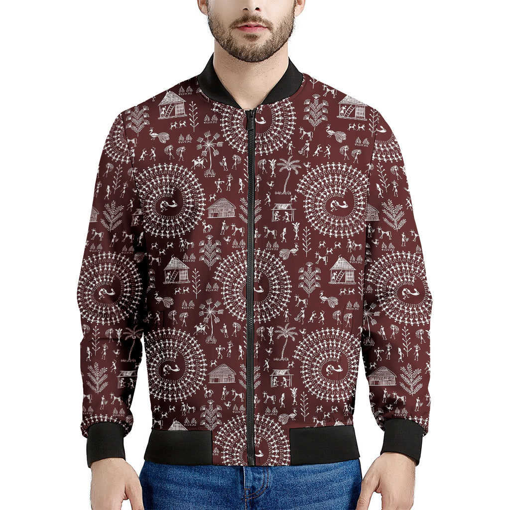 Red And White Warli Tribal Print Men's Bomber Jacket