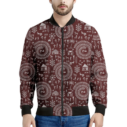 Red And White Warli Tribal Print Men's Bomber Jacket