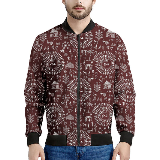 Red And White Warli Tribal Print Men's Bomber Jacket
