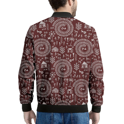 Red And White Warli Tribal Print Men's Bomber Jacket