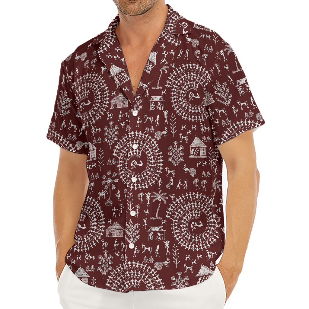 Red And White Warli Tribal Print Men's Deep V-Neck Shirt