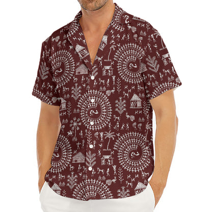 Red And White Warli Tribal Print Men's Deep V-Neck Shirt