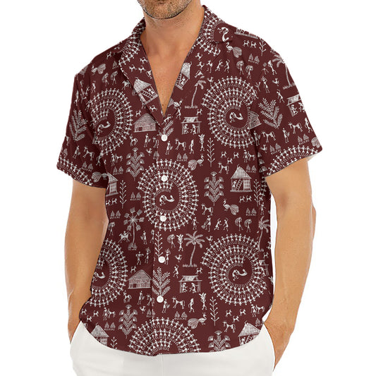 Red And White Warli Tribal Print Men's Deep V-Neck Shirt