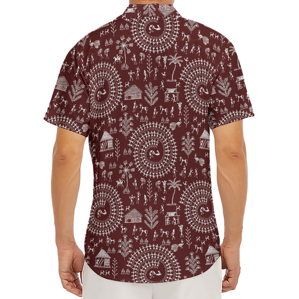 Red And White Warli Tribal Print Men's Deep V-Neck Shirt