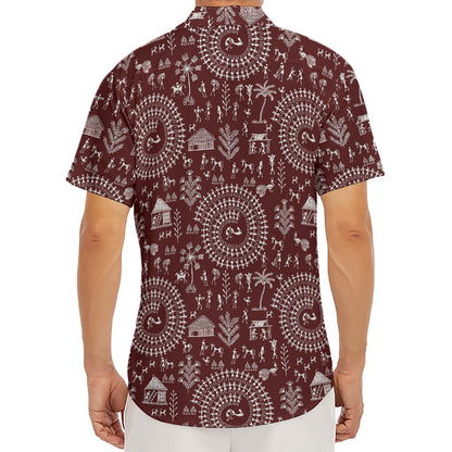 Red And White Warli Tribal Print Men's Deep V-Neck Shirt