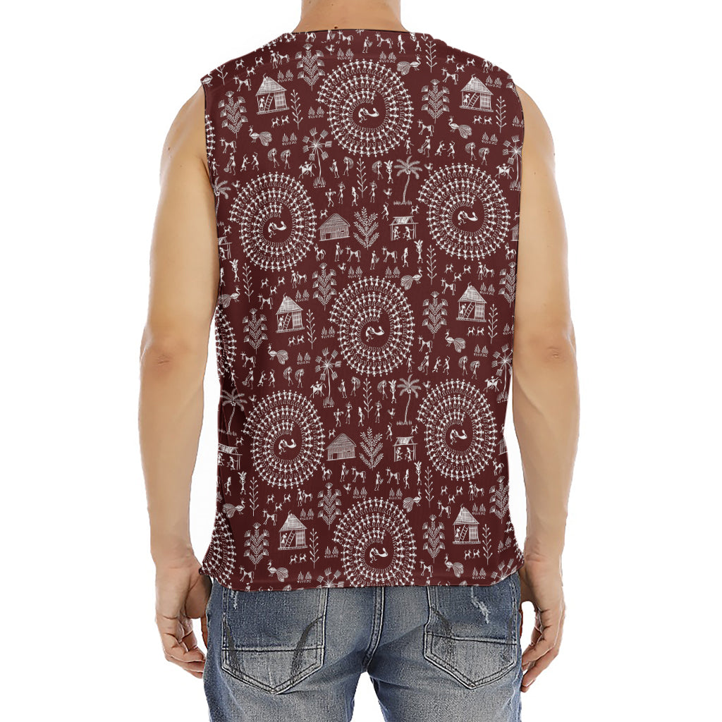 Red And White Warli Tribal Print Men's Fitness Tank Top