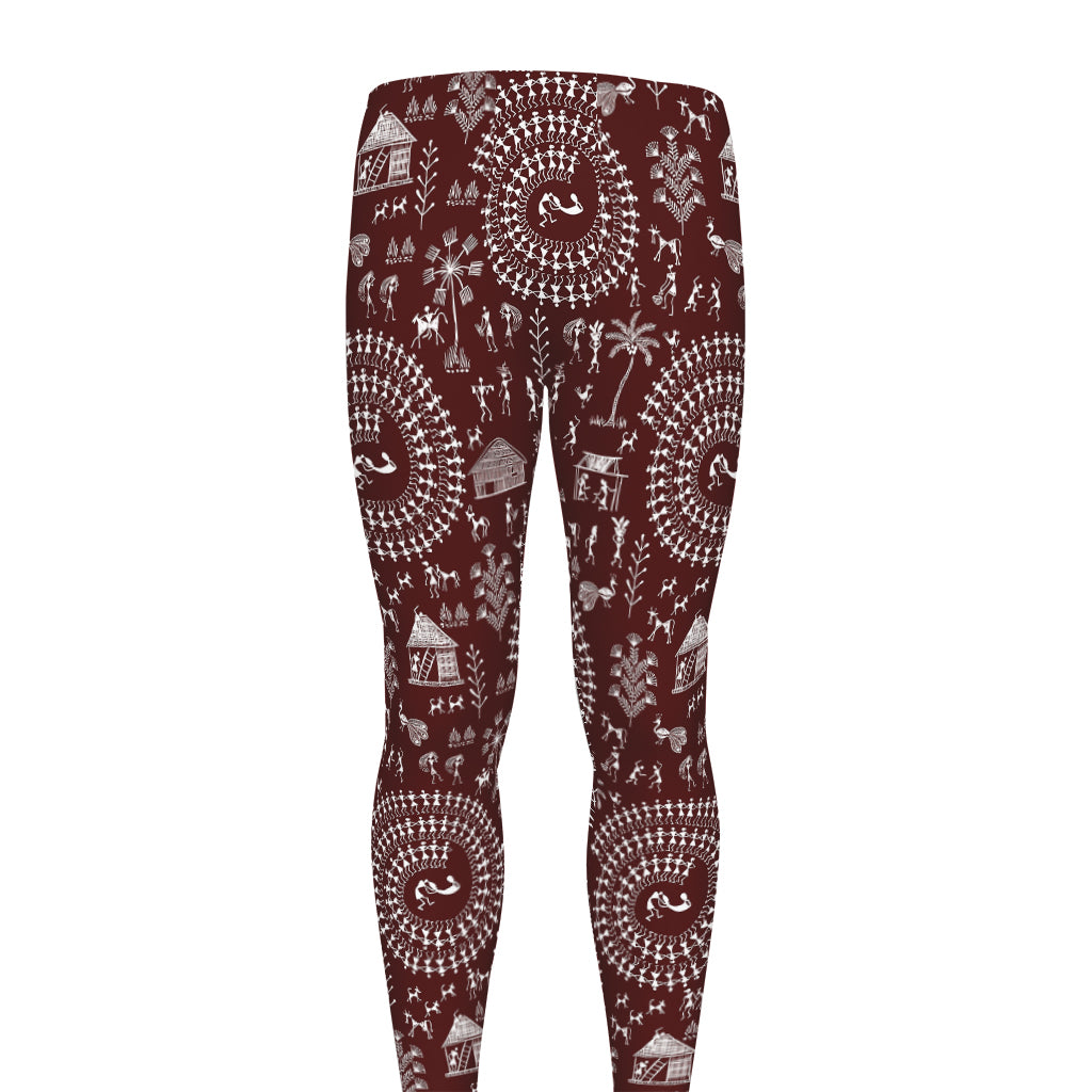 Red And White Warli Tribal Print Men's leggings
