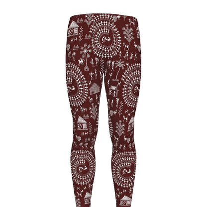 Red And White Warli Tribal Print Men's leggings