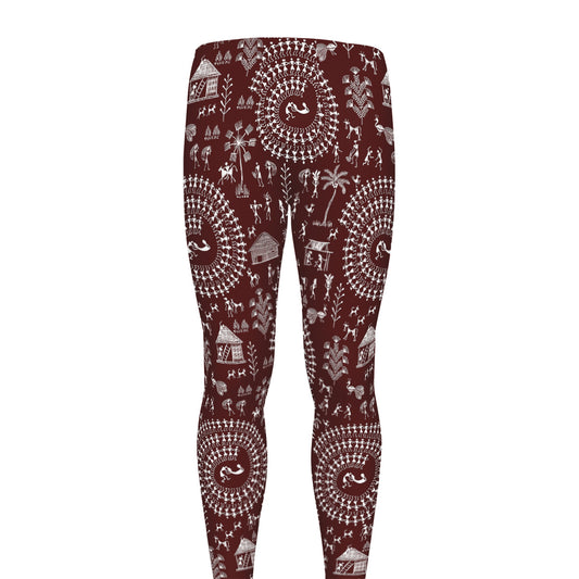 Red And White Warli Tribal Print Men's leggings