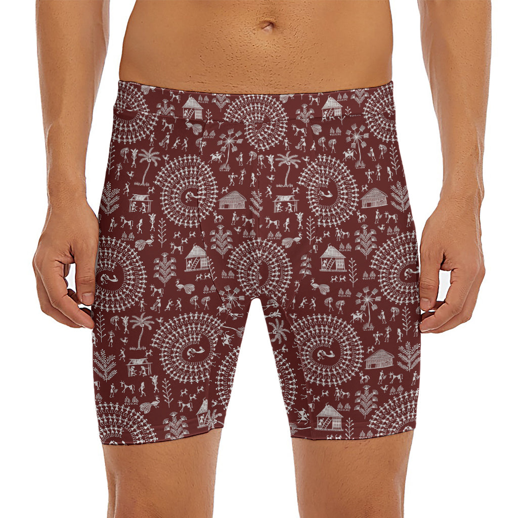 Red And White Warli Tribal Print Men's Long Boxer Briefs