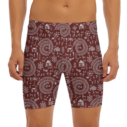 Red And White Warli Tribal Print Men's Long Boxer Briefs