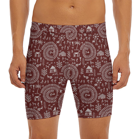 Red And White Warli Tribal Print Men's Long Boxer Briefs