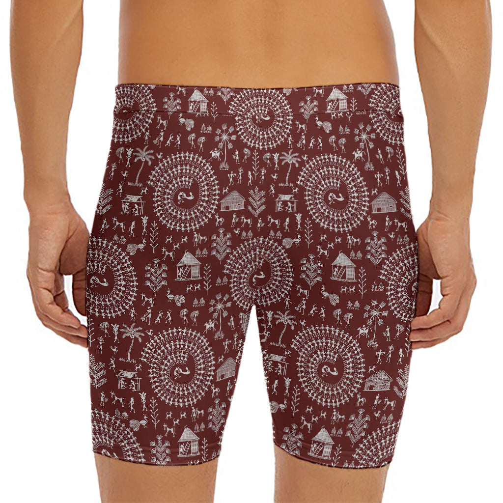 Red And White Warli Tribal Print Men's Long Boxer Briefs