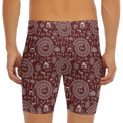 Red And White Warli Tribal Print Men's Long Boxer Briefs