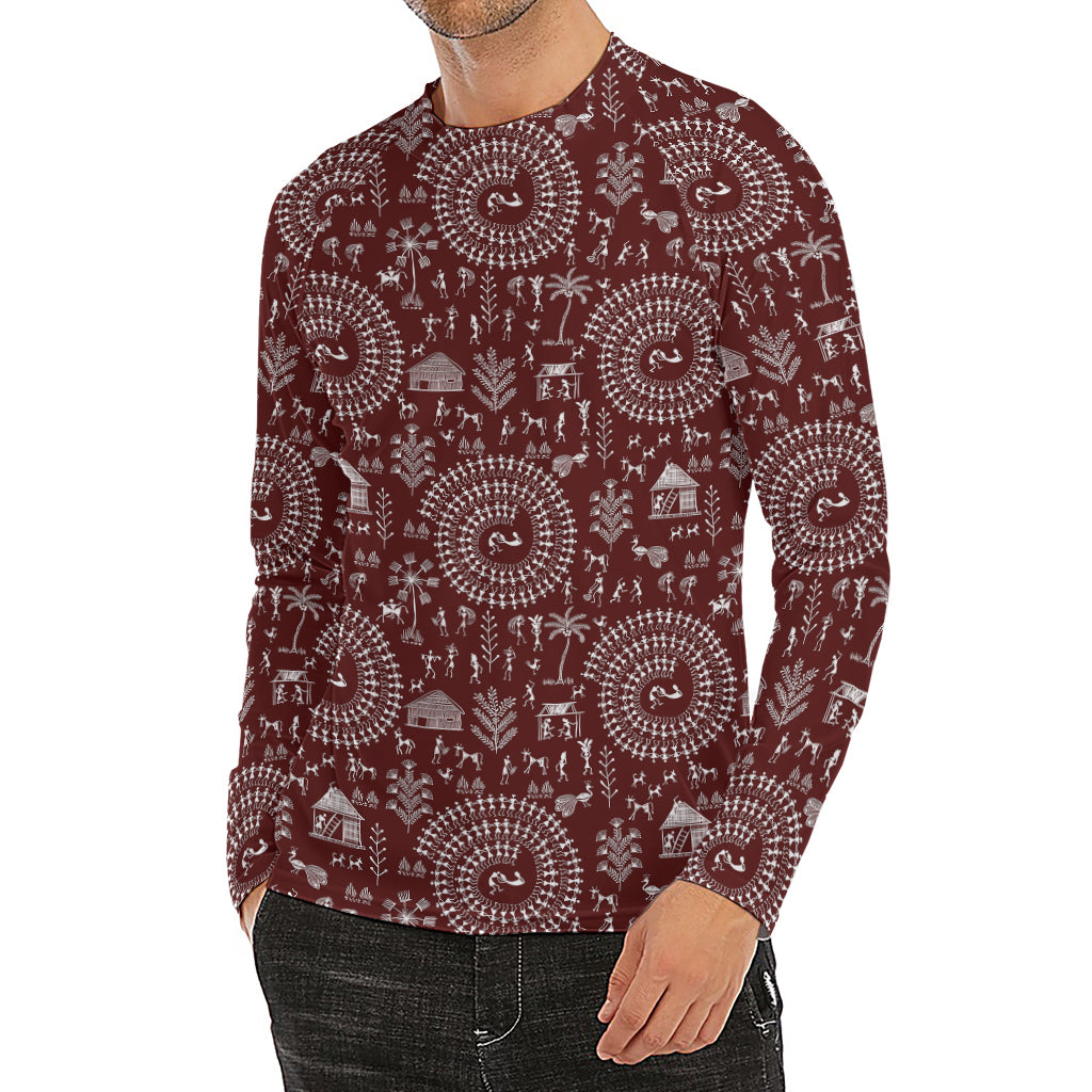 Red And White Warli Tribal Print Men's Long Sleeve Rash Guard
