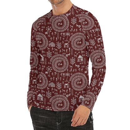 Red And White Warli Tribal Print Men's Long Sleeve Rash Guard