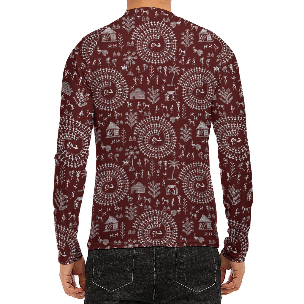Red And White Warli Tribal Print Men's Long Sleeve Rash Guard