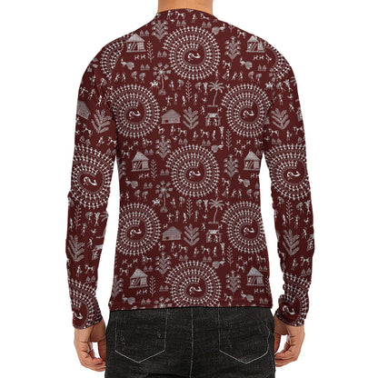 Red And White Warli Tribal Print Men's Long Sleeve Rash Guard