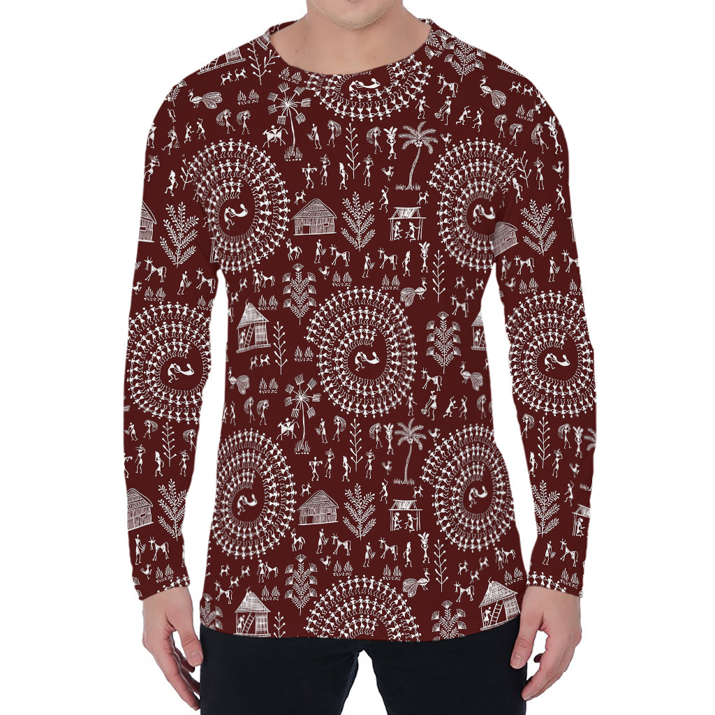 Red And White Warli Tribal Print Men's Long Sleeve T-Shirt