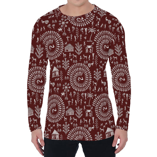 Red And White Warli Tribal Print Men's Long Sleeve T-Shirt