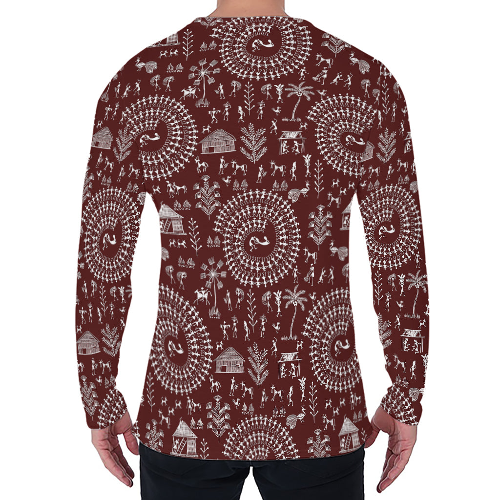 Red And White Warli Tribal Print Men's Long Sleeve T-Shirt