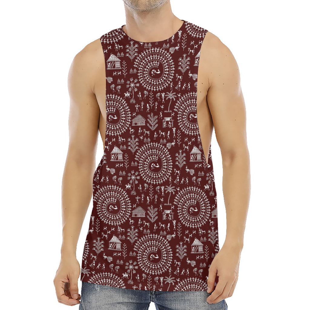 Red And White Warli Tribal Print Men's Muscle Tank Top