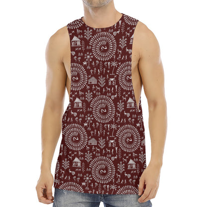 Red And White Warli Tribal Print Men's Muscle Tank Top