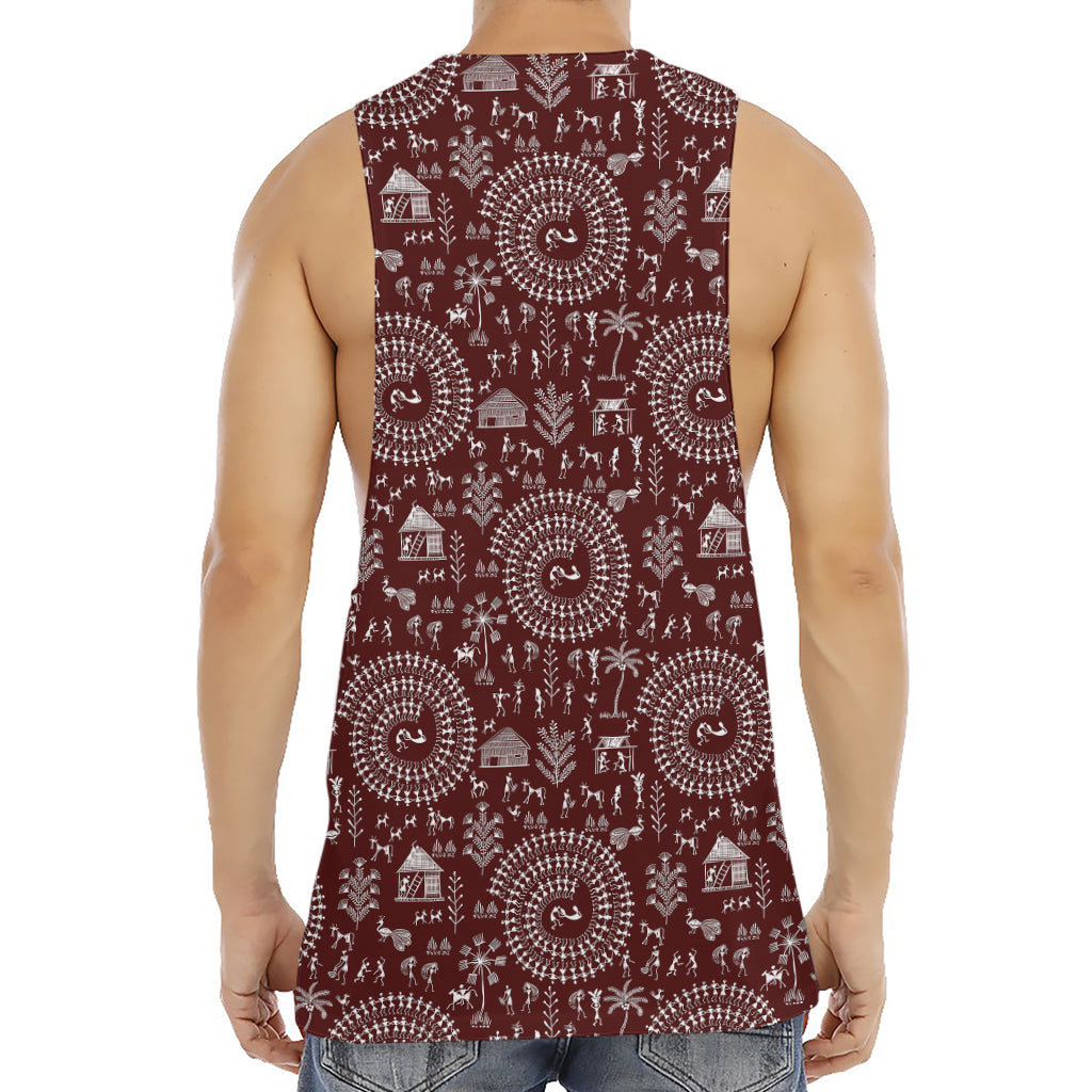 Red And White Warli Tribal Print Men's Muscle Tank Top