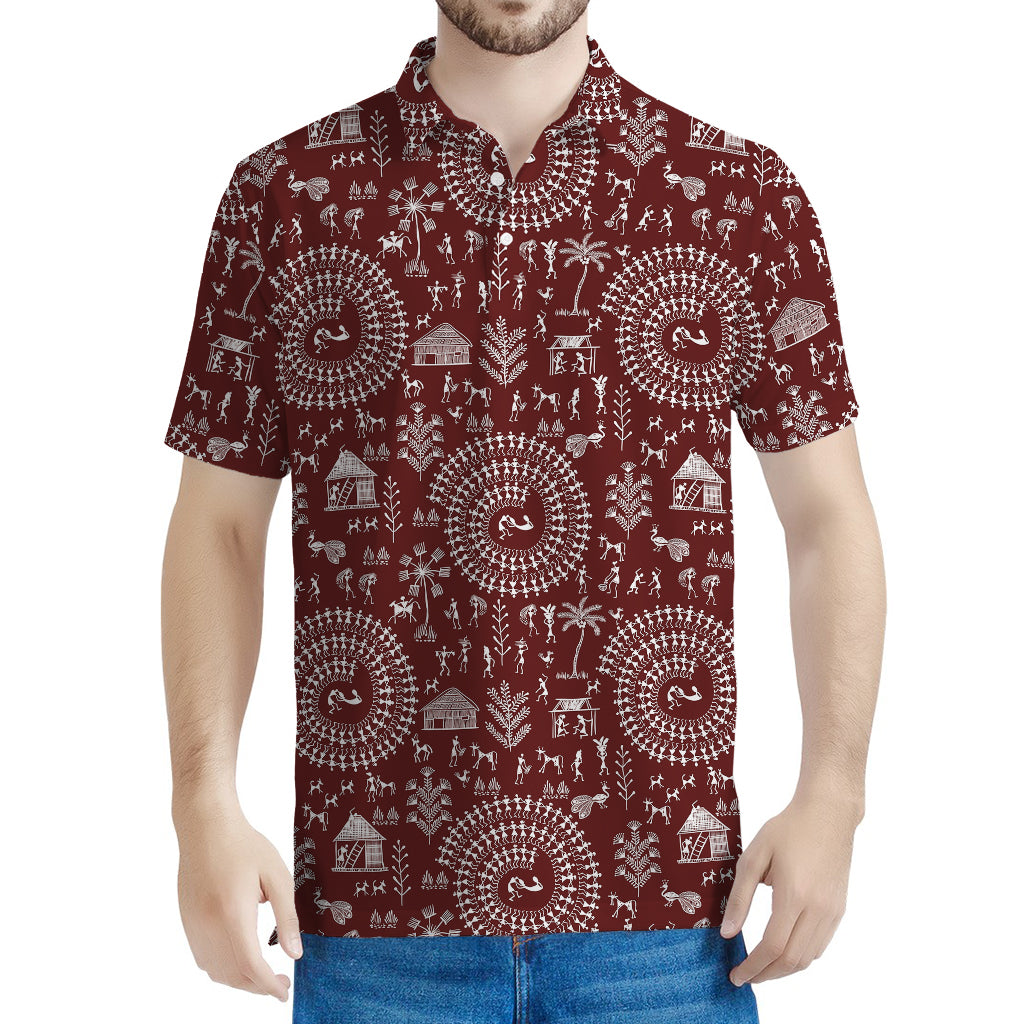 Red And White Warli Tribal Print Men's Polo Shirt