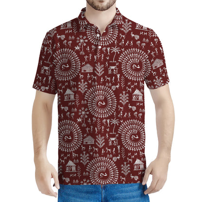 Red And White Warli Tribal Print Men's Polo Shirt