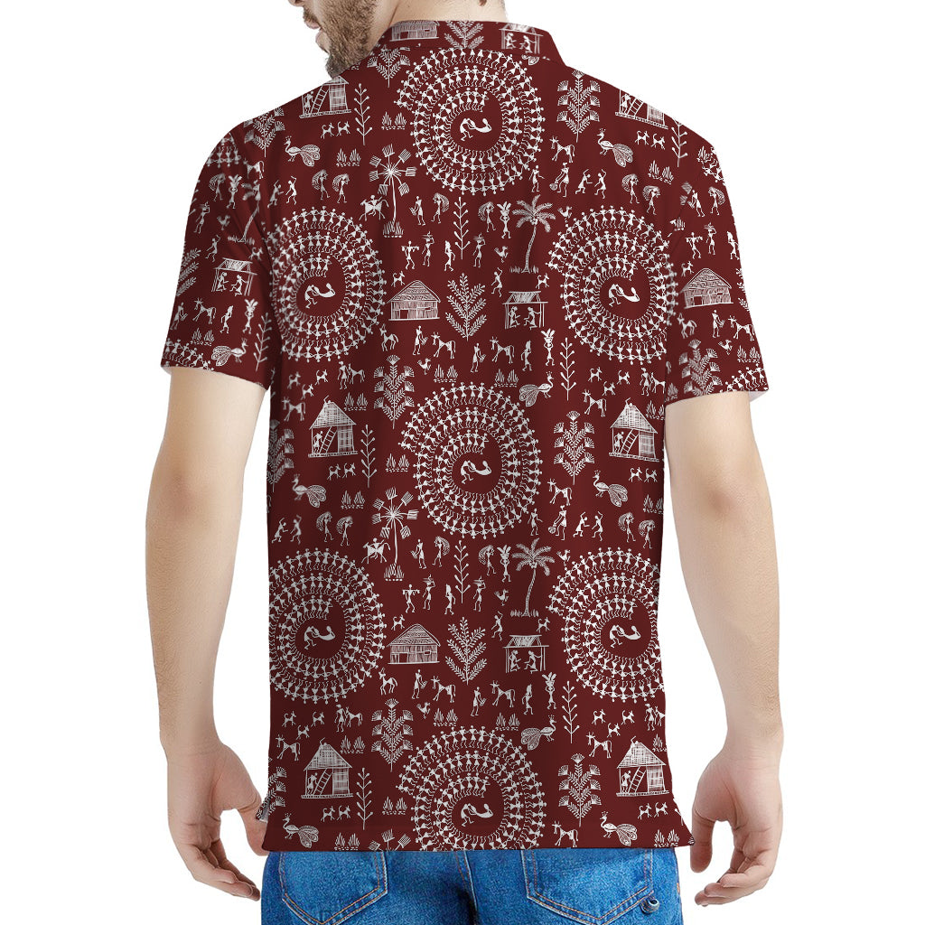 Red And White Warli Tribal Print Men's Polo Shirt