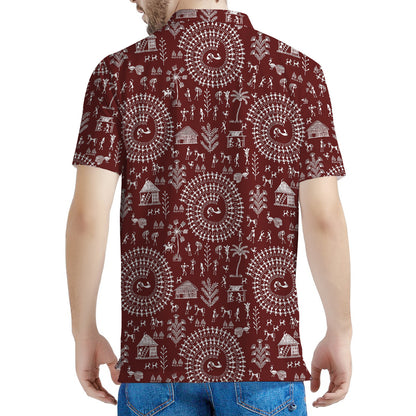 Red And White Warli Tribal Print Men's Polo Shirt