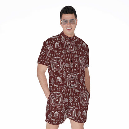 Red And White Warli Tribal Print Men's Rompers