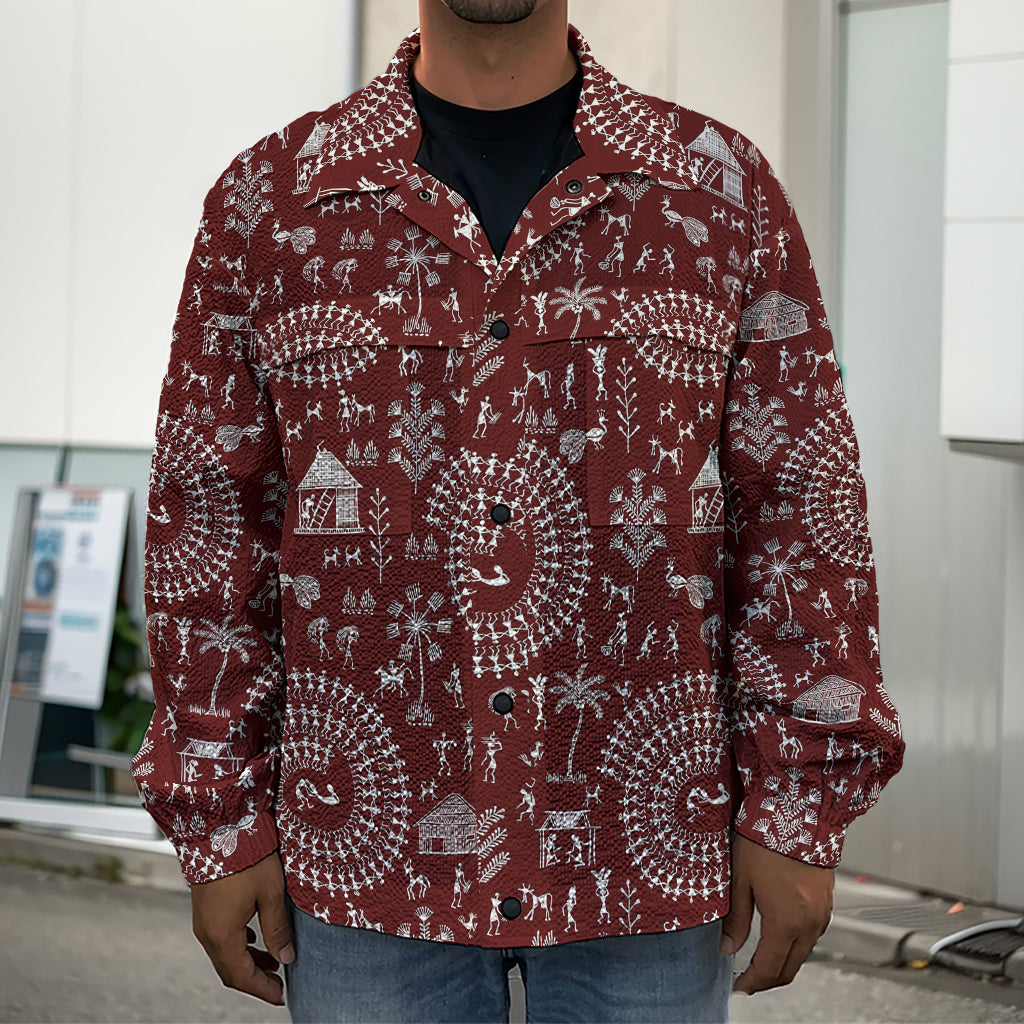 Red And White Warli Tribal Print Men's Shirt Jacket