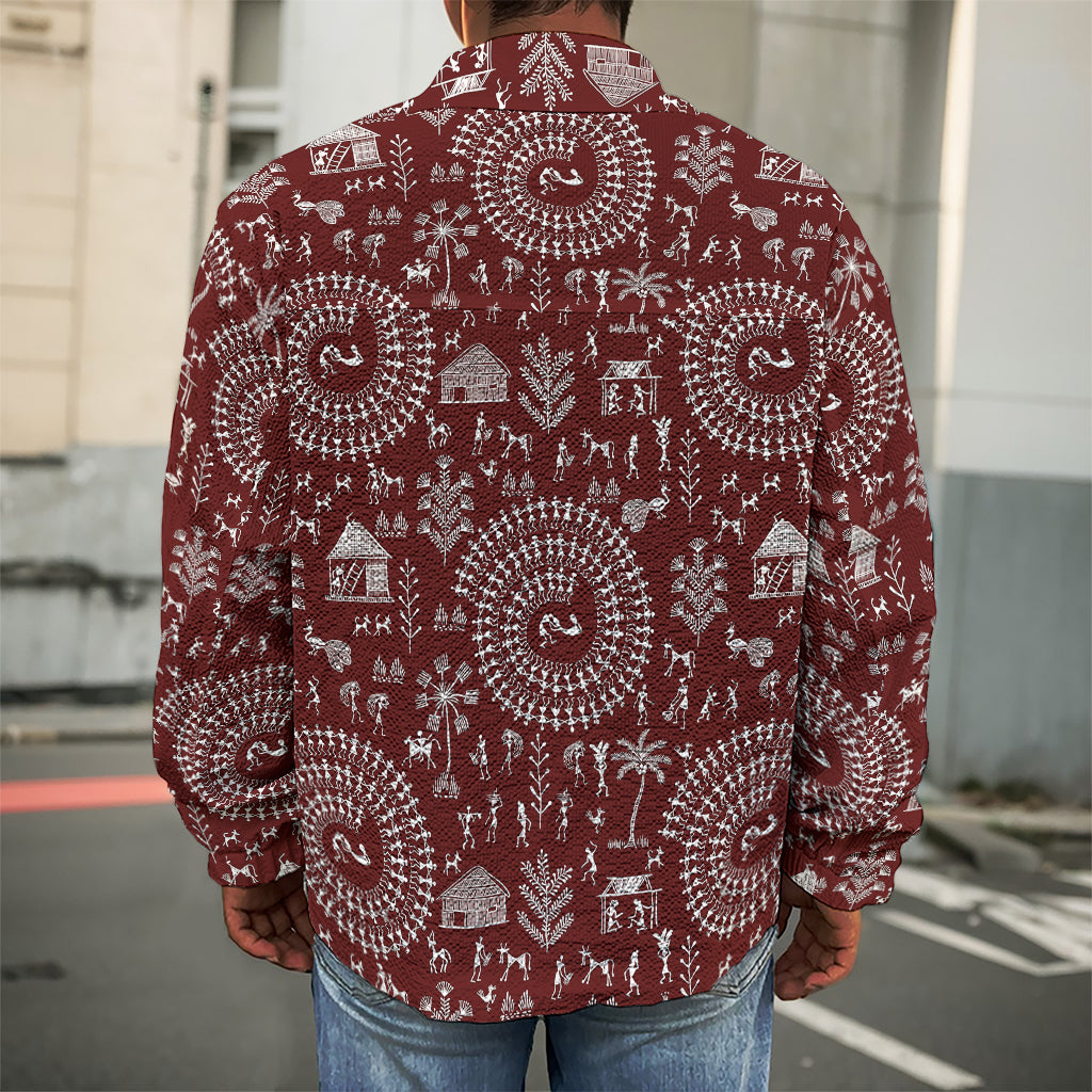 Red And White Warli Tribal Print Men's Shirt Jacket