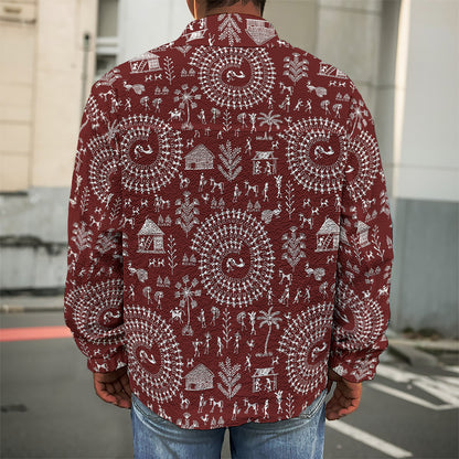 Red And White Warli Tribal Print Men's Shirt Jacket
