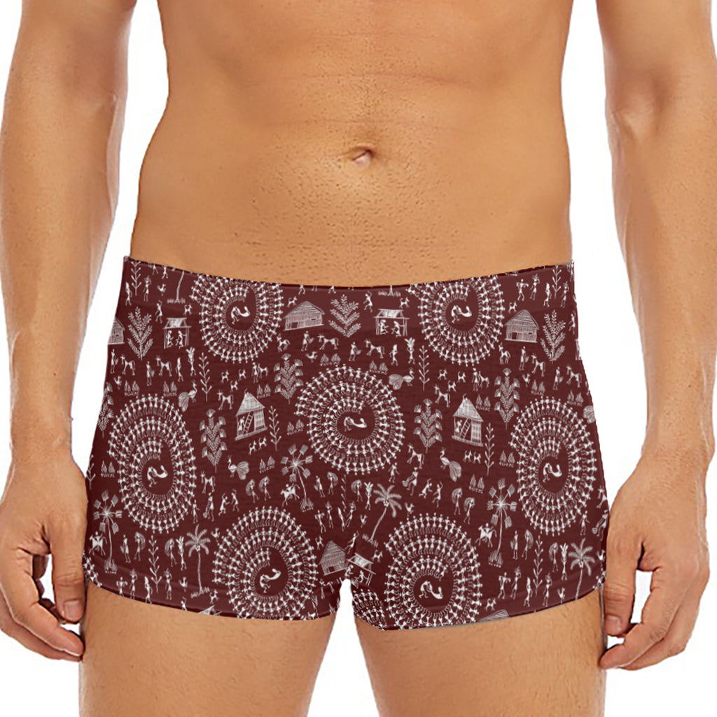 Red And White Warli Tribal Print Men's Short Boxer Briefs