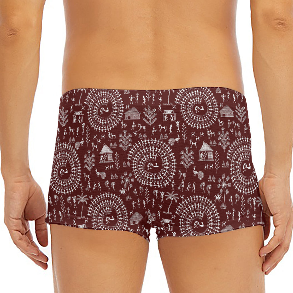 Red And White Warli Tribal Print Men's Short Boxer Briefs