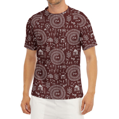 Red And White Warli Tribal Print Men's Short Sleeve Rash Guard