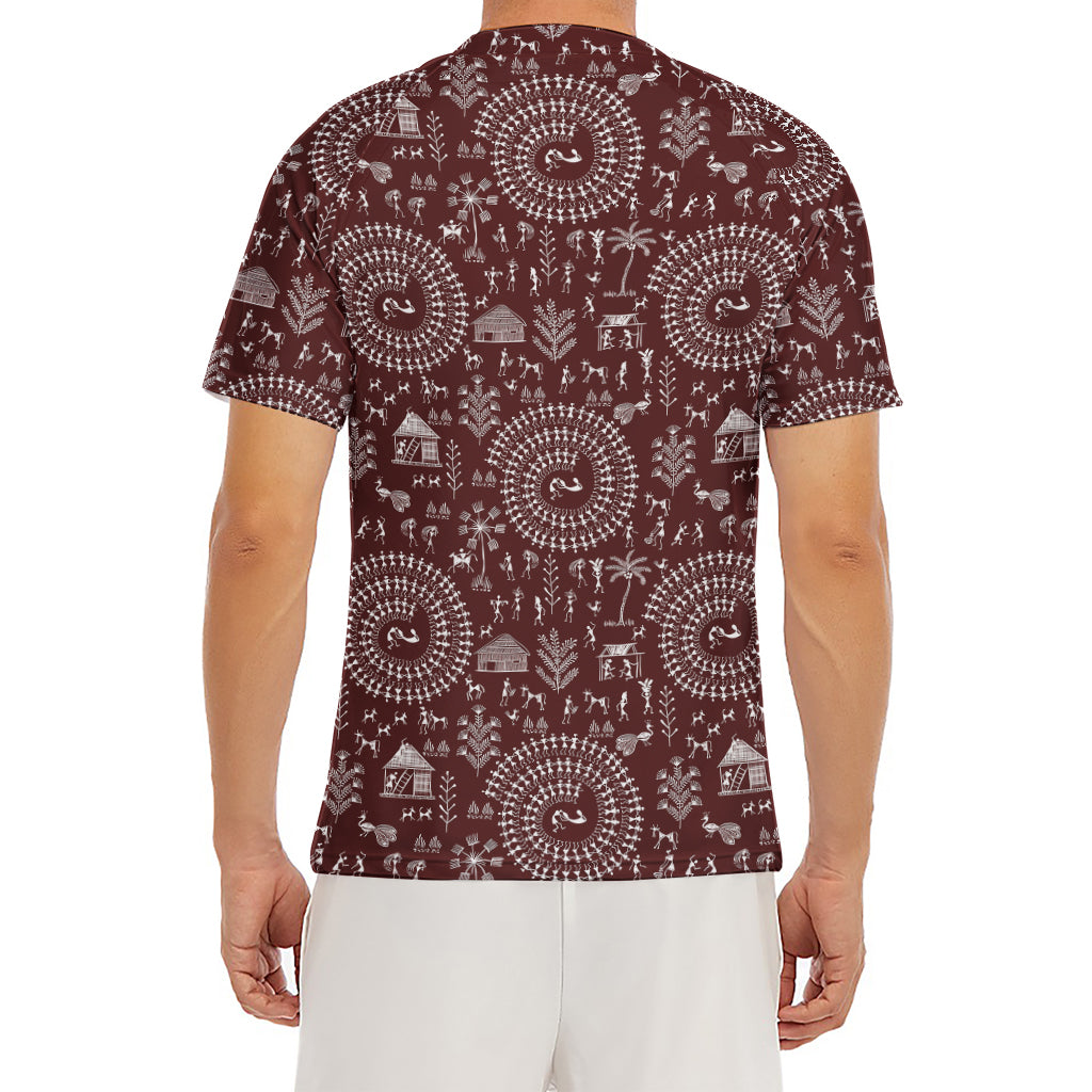 Red And White Warli Tribal Print Men's Short Sleeve Rash Guard