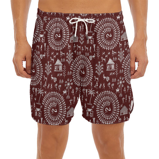 Red And White Warli Tribal Print Men's Split Running Shorts