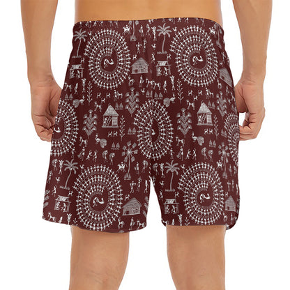 Red And White Warli Tribal Print Men's Split Running Shorts