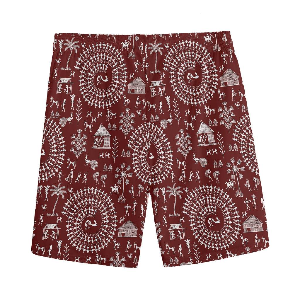 Red And White Warli Tribal Print Men's Sports Shorts