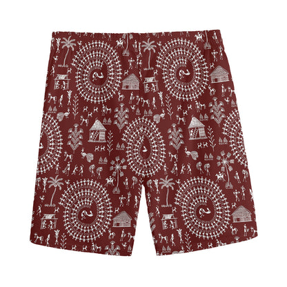 Red And White Warli Tribal Print Men's Sports Shorts