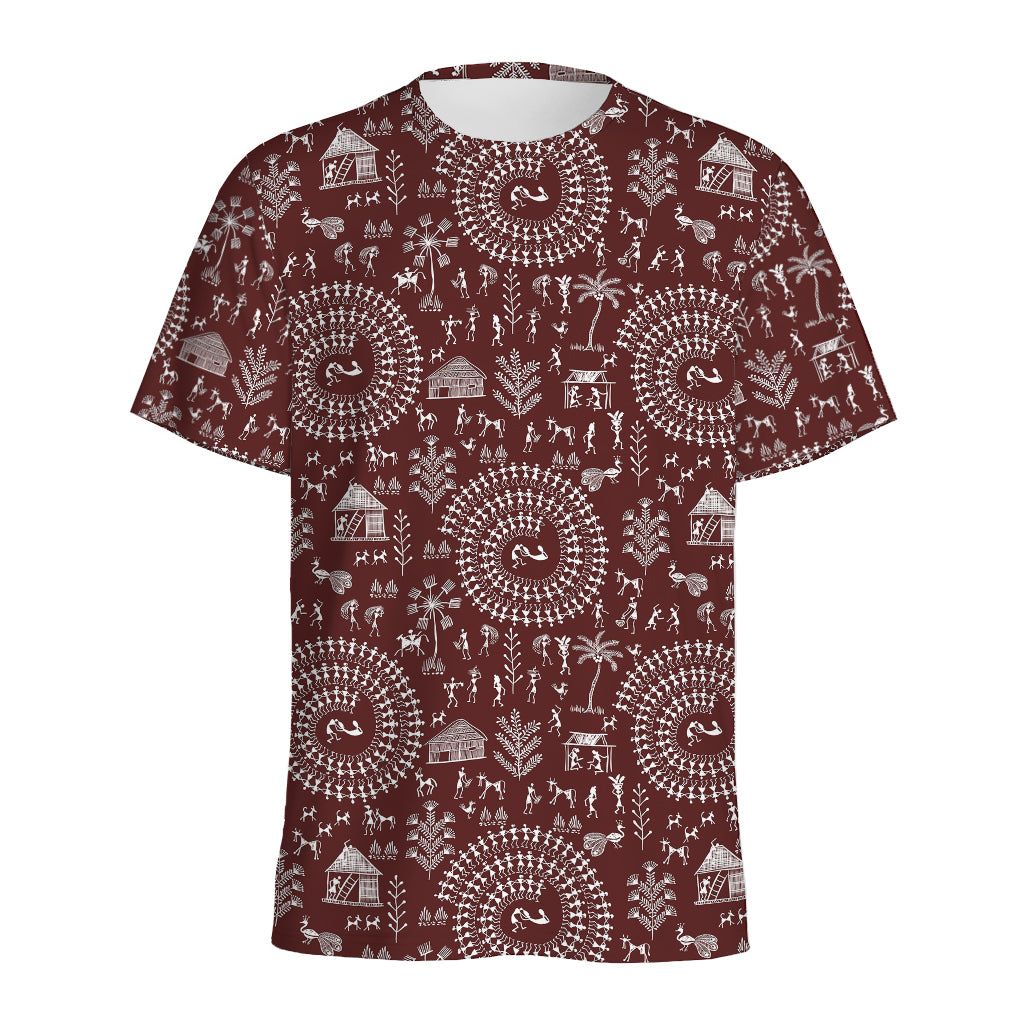Red And White Warli Tribal Print Men's Sports T-Shirt